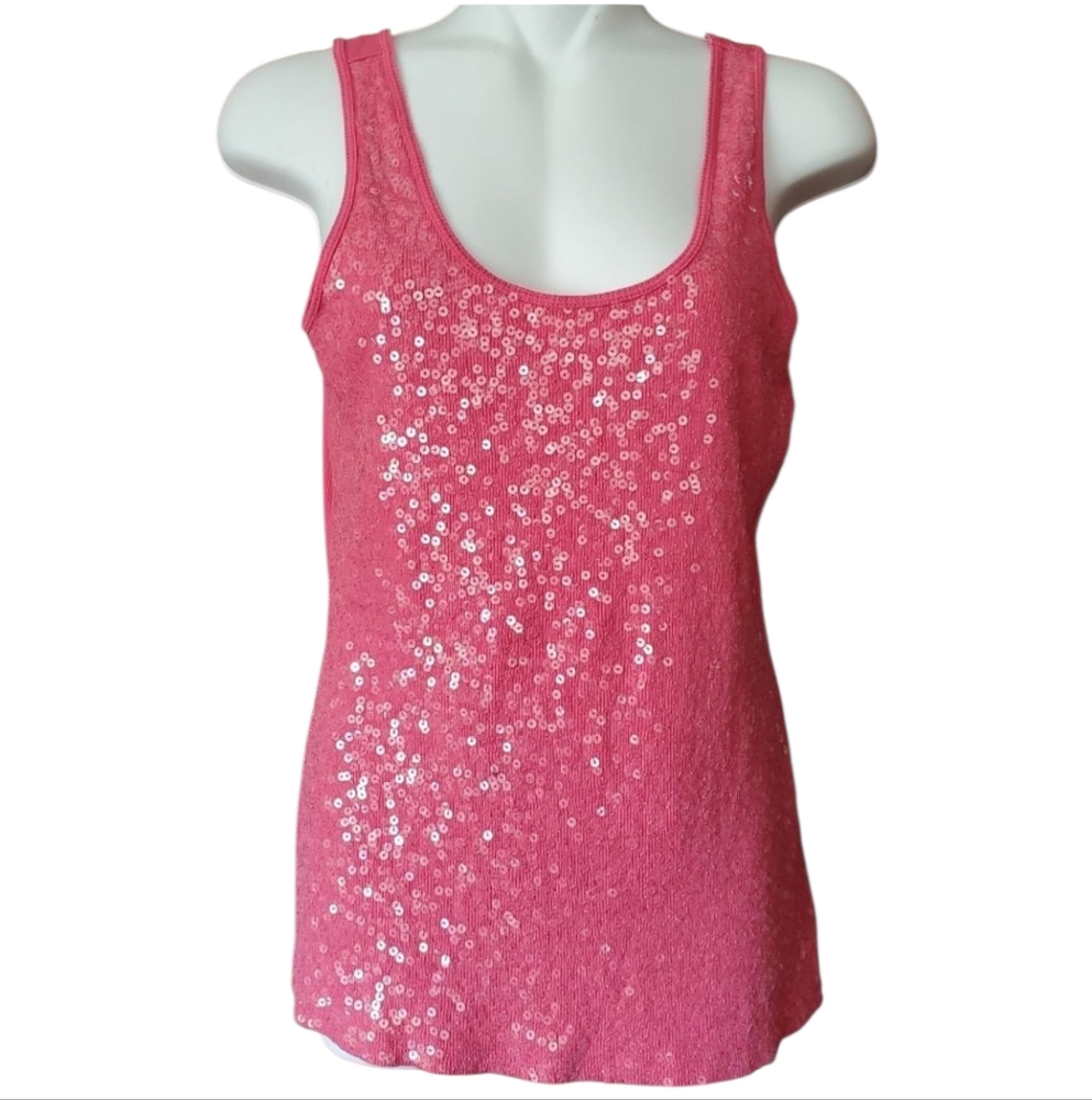 Express Scoop Neck Fully Sequined Pink Fitted Tank Top